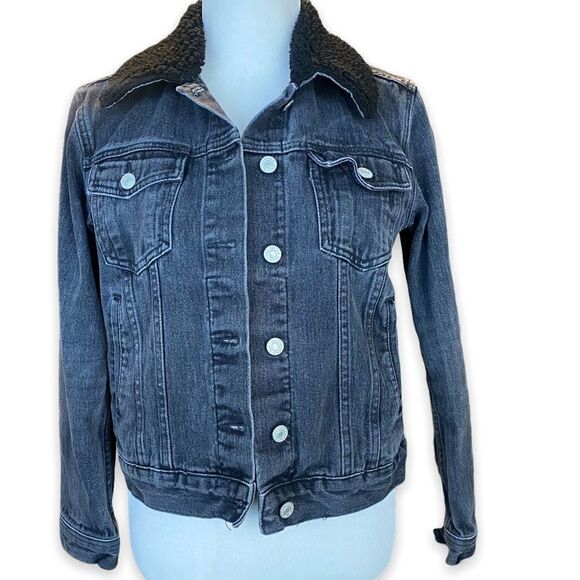 Black Jean Denim Fitted Casual Warm Summer Sherpa Jacket - Picture 7 of 8